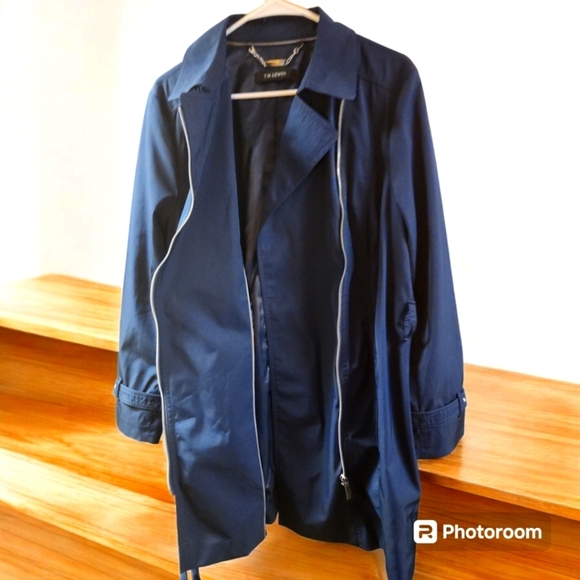 T.M. Lewin Black Trench Coat Asymmetrical Zip Belted Long Sleeve Very Rare S/O - Picture 5 of 12